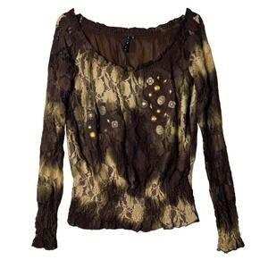 Boho Grunge Lace Embellished Top Womens‎ Size Medium Brown Tan Ombre Fairycore